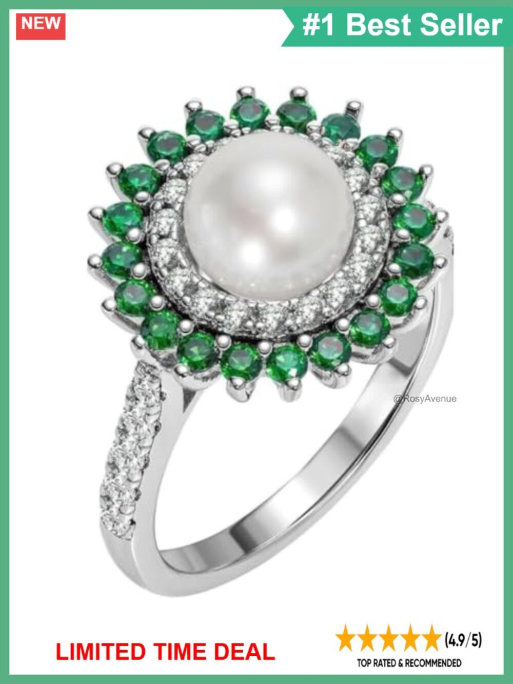 14K White Gold Plated Silver Pearl Halo Statement Ring Size 7 Gift
